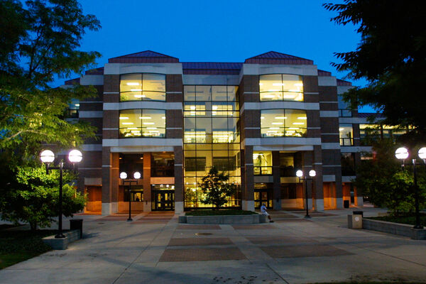 The Undergraduate Library (UGLI) on the Diag at night