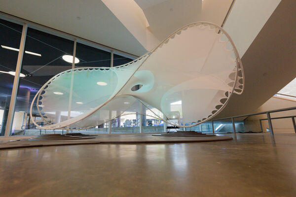 A sculpture in the atrium of the building
