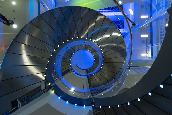 The building's signature four-story spiral staircase 
