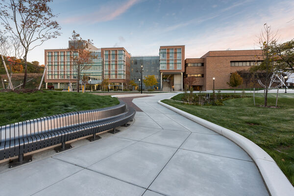 A winding sidewalk in front of the Beyster Building