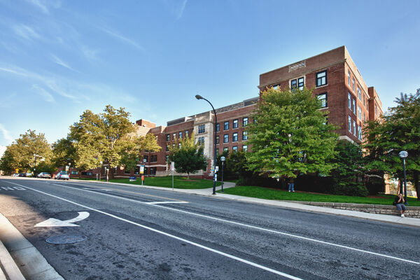 Couzens Hall and the road in front of it 