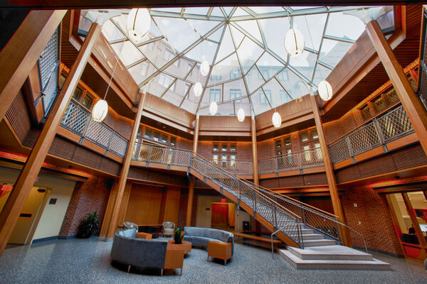 The atrium and glass ceiling of Couzens Hall