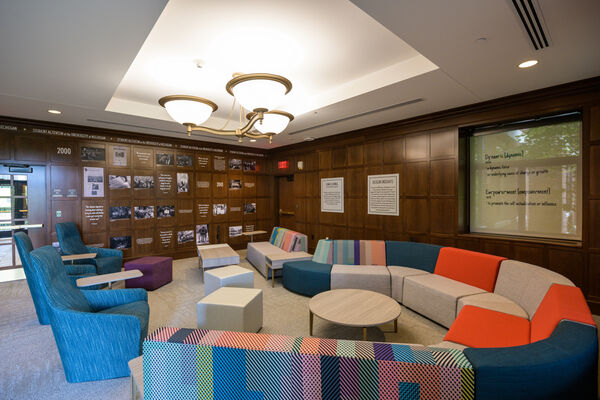 A student lounge with a large circular couch