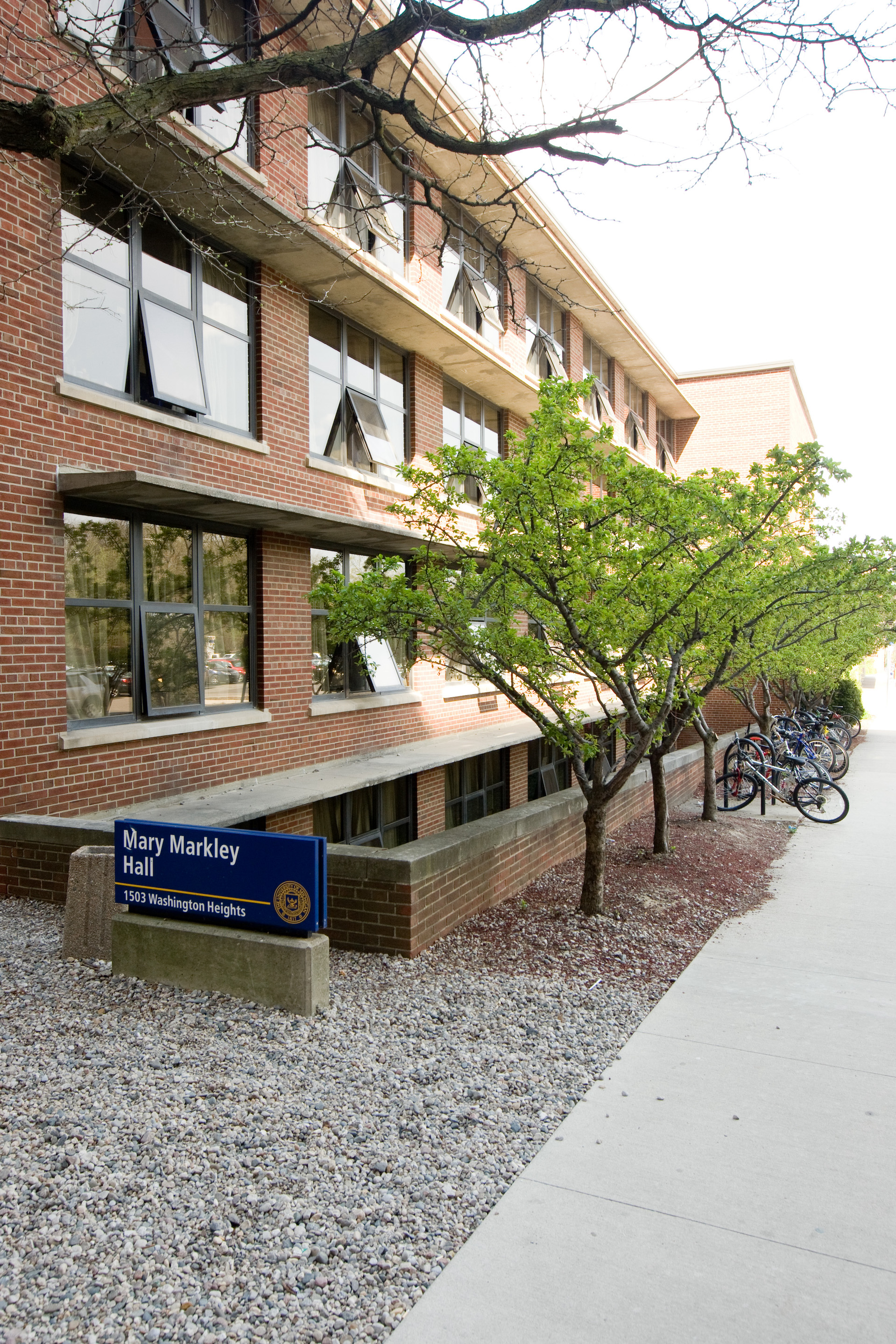 Spring trees in front of Markley Hall