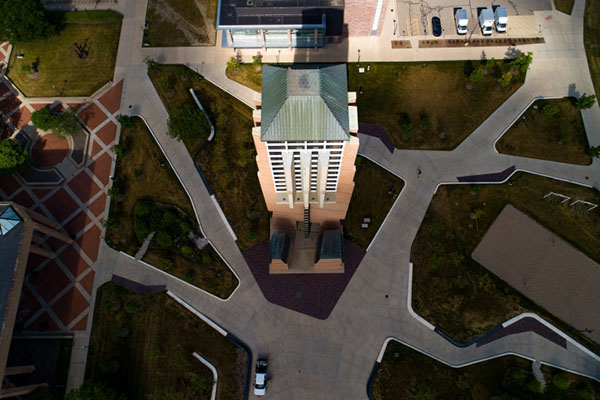An aerial view directly above Lurie Tower