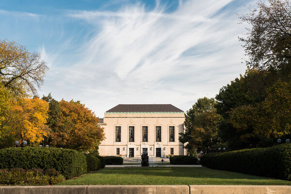 The Rackham Building and surrounding trees in fall