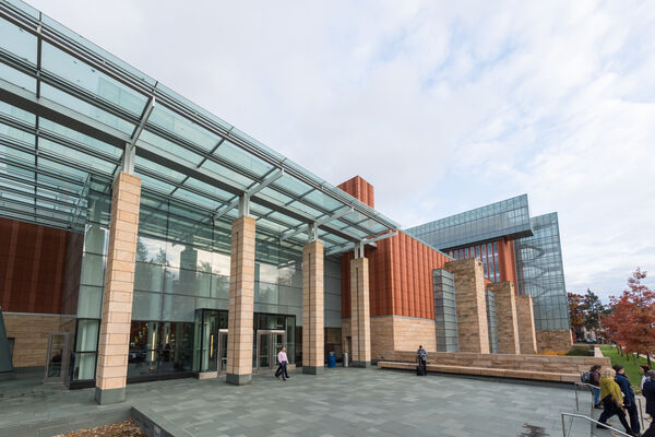 The glass and terrcotta facade of the Ross School of Business