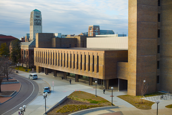 The brown brick exterior of the School of Dentistry