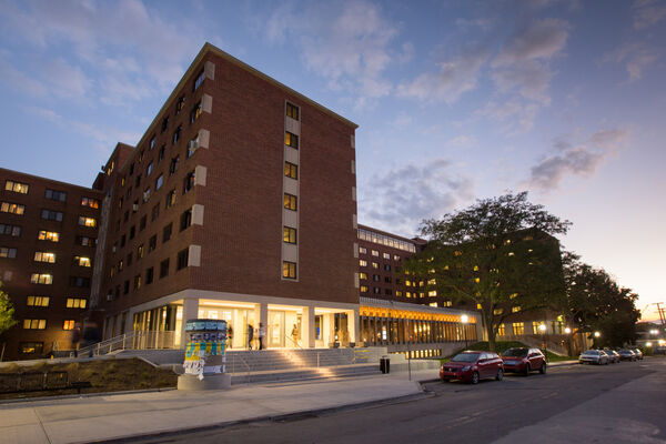 One of the entrances to South Quad at sunset
