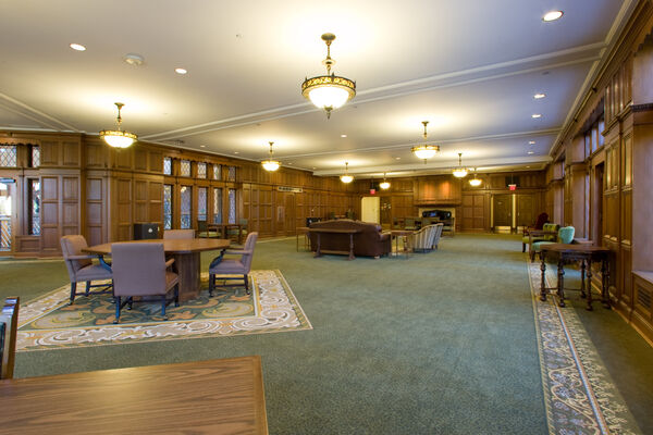 A classic, wood-paneled lounge