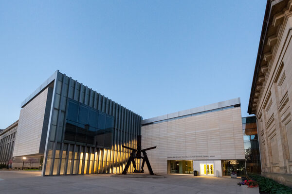 The large, modern glass and concrete additions to the museum