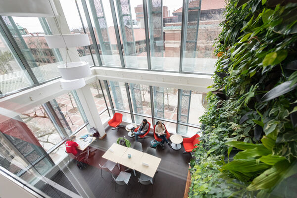 A large, open study space walled by exterior windows spanning multiple floors