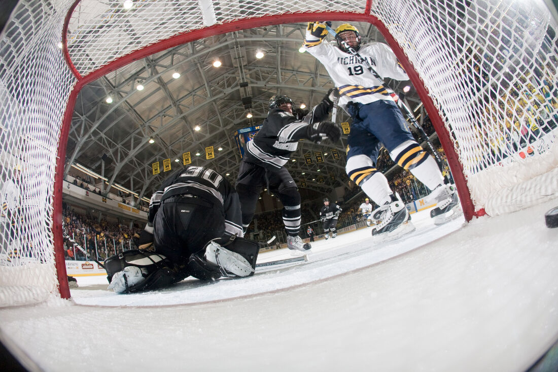 Hockey players and the goalie as seen through the net